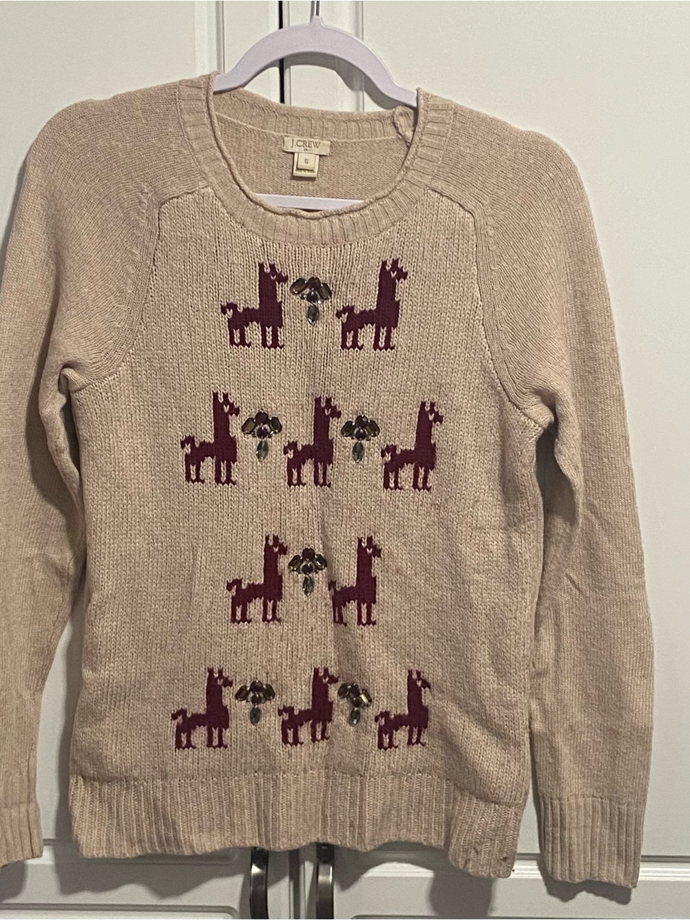 J. Crew Cream Crewneck Sweater with Burgundy Llama wool blend